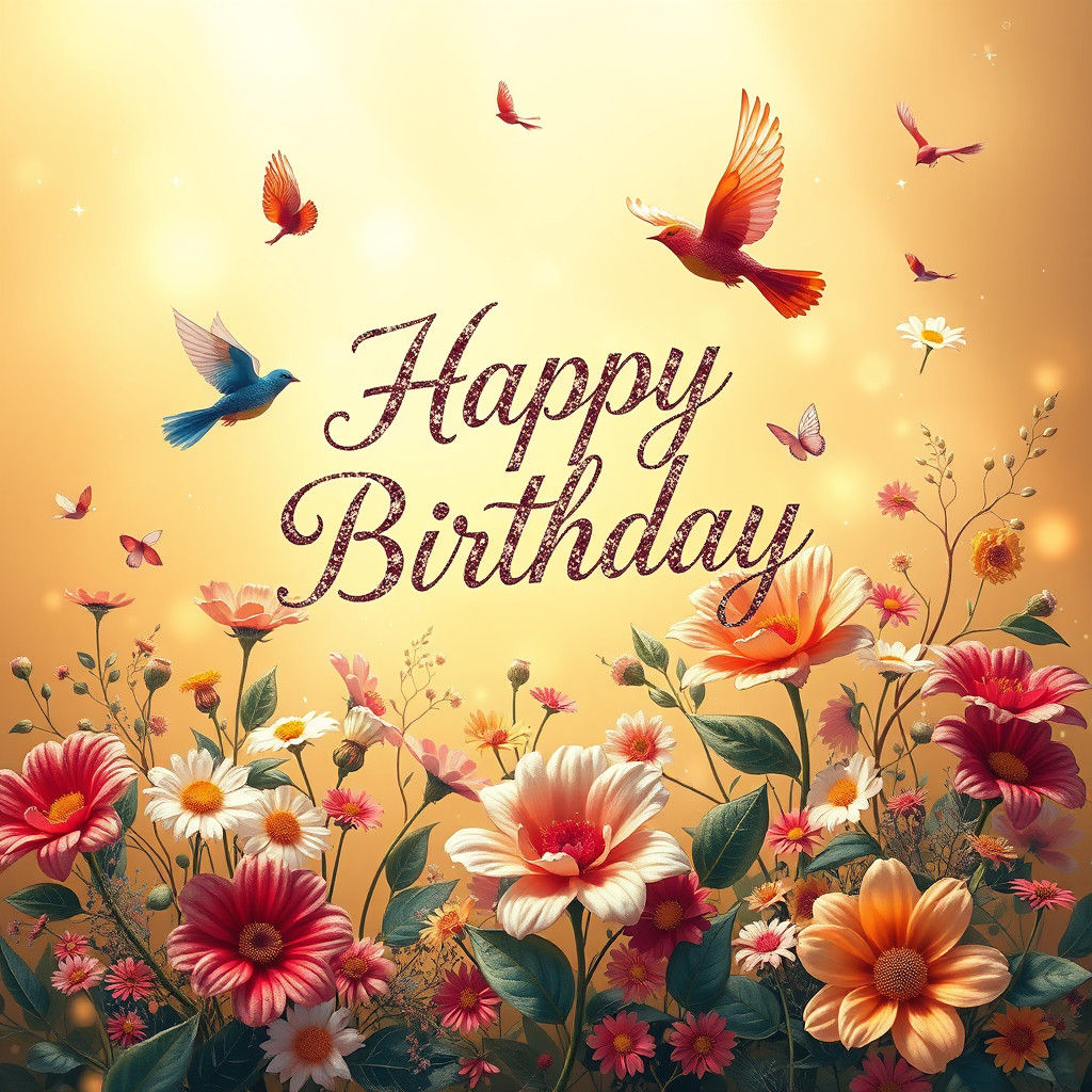 Whimsical Birthday Scene with Flowers and Birds