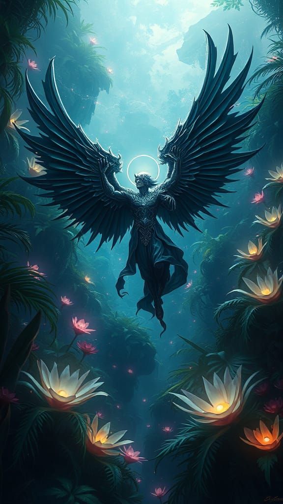 A celestial angel with obsidian wings descends upon a vibran...