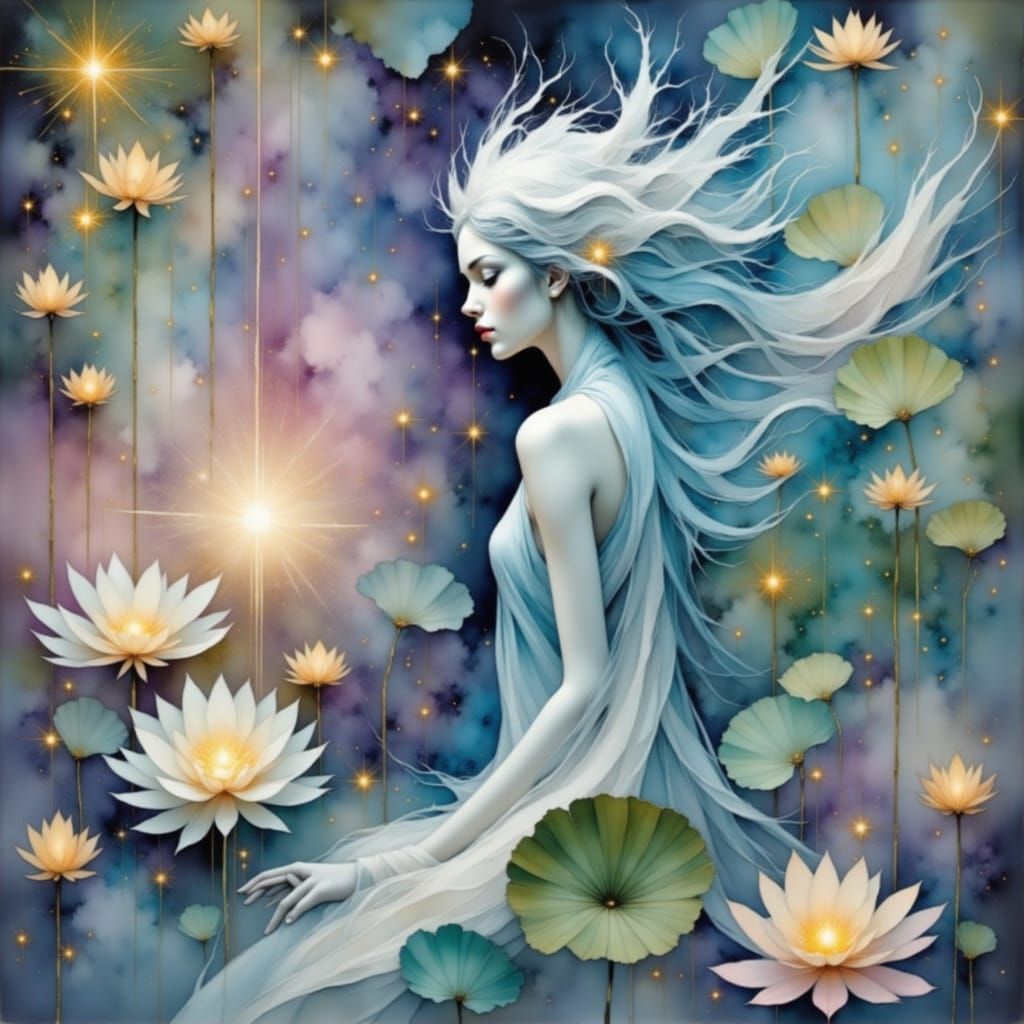 Celestial Deity in Garden with Flowing Fractal Patterns