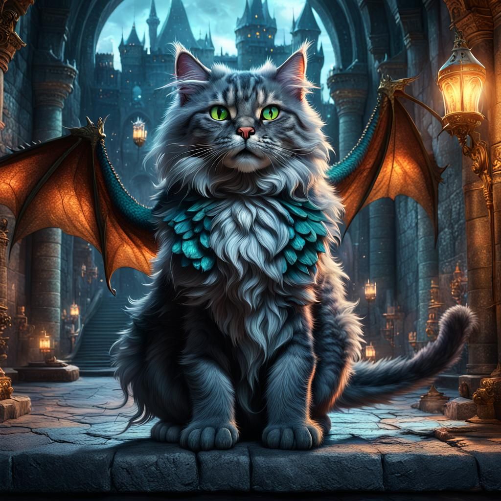 Dragon Cat Fusion in Castle, Digital Matte Painting