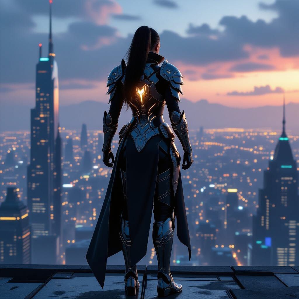 Futuristic Warrior on Metropolis Rooftop