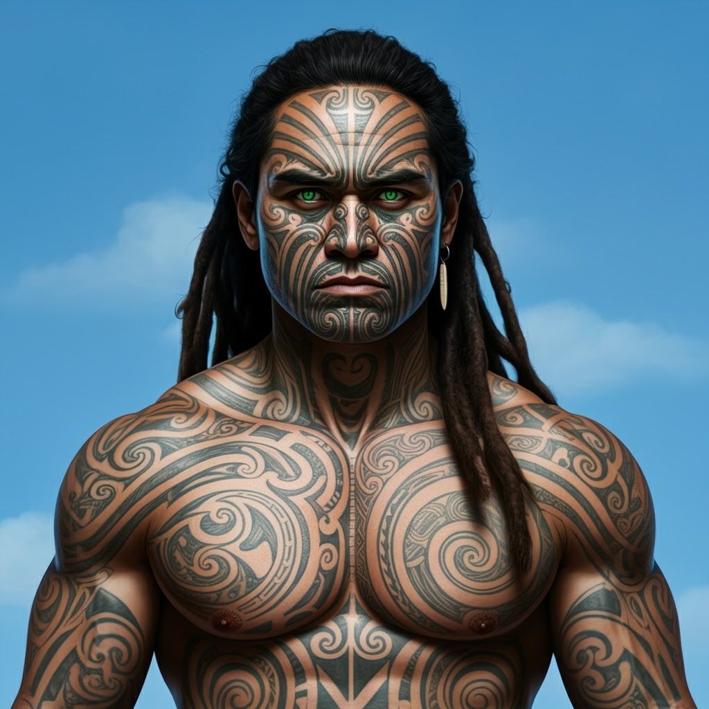 Muscular Maori Man with Ta Moko Tattoo