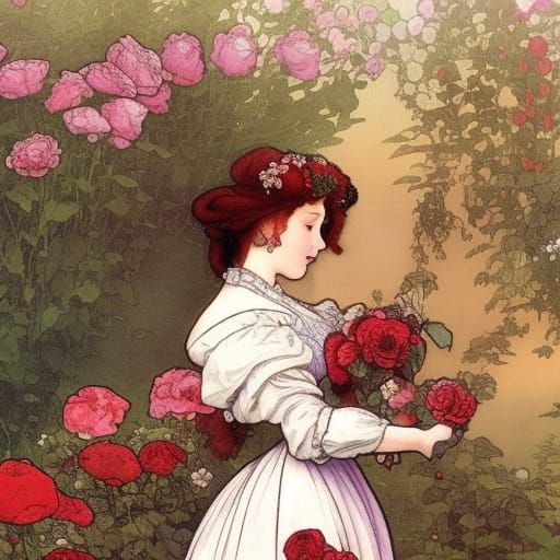 Elizabethan Princess in Rose Garden: Watercolor Art
