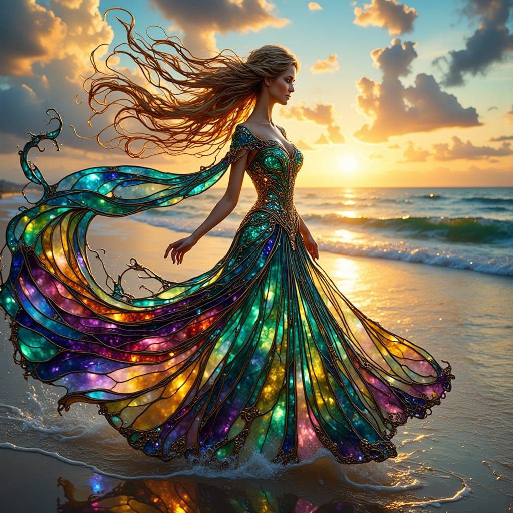 Girl in Stained Glass Gown Walking on the Beach in a Vibrant...