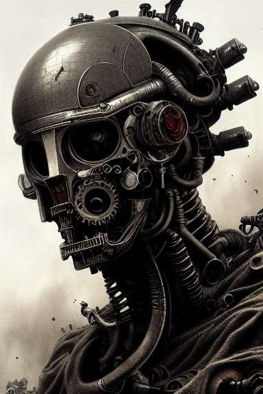 Sinister Cyborg Robot Feast: Hyperdetailed Charcoal Drawing