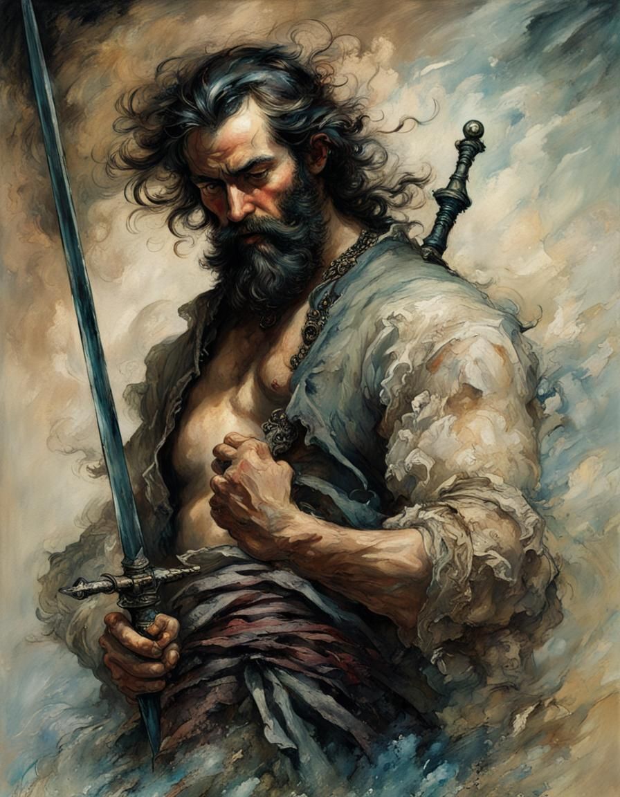 Man with Smoking Sword in Arthur Rackham Style