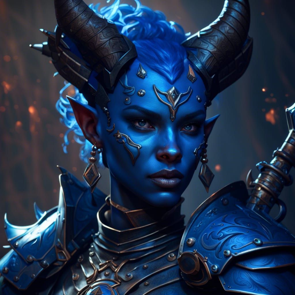 Blue Tiefling Paladin with Mace, Digital Art