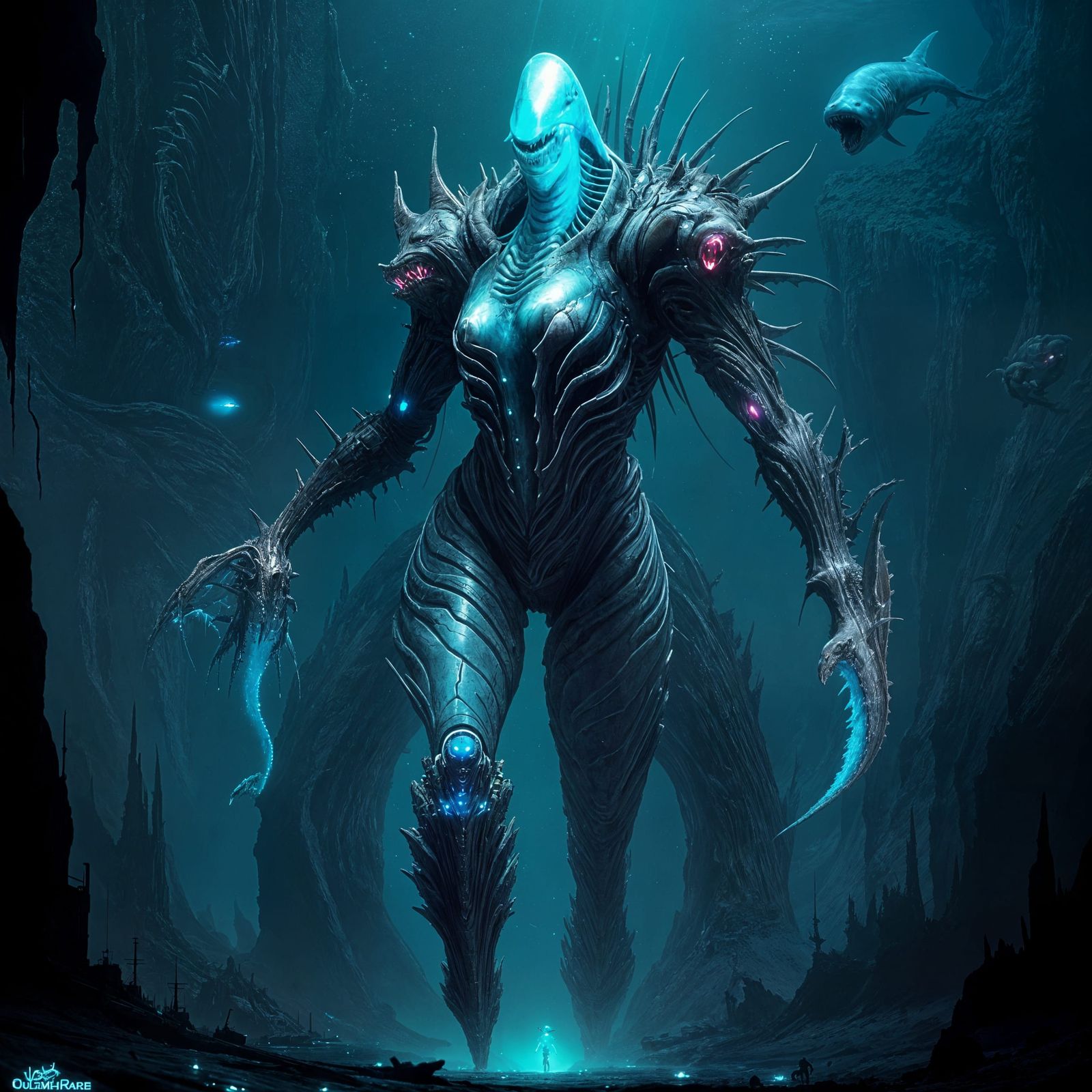 Cyberpunk Shark in Alien Abyss