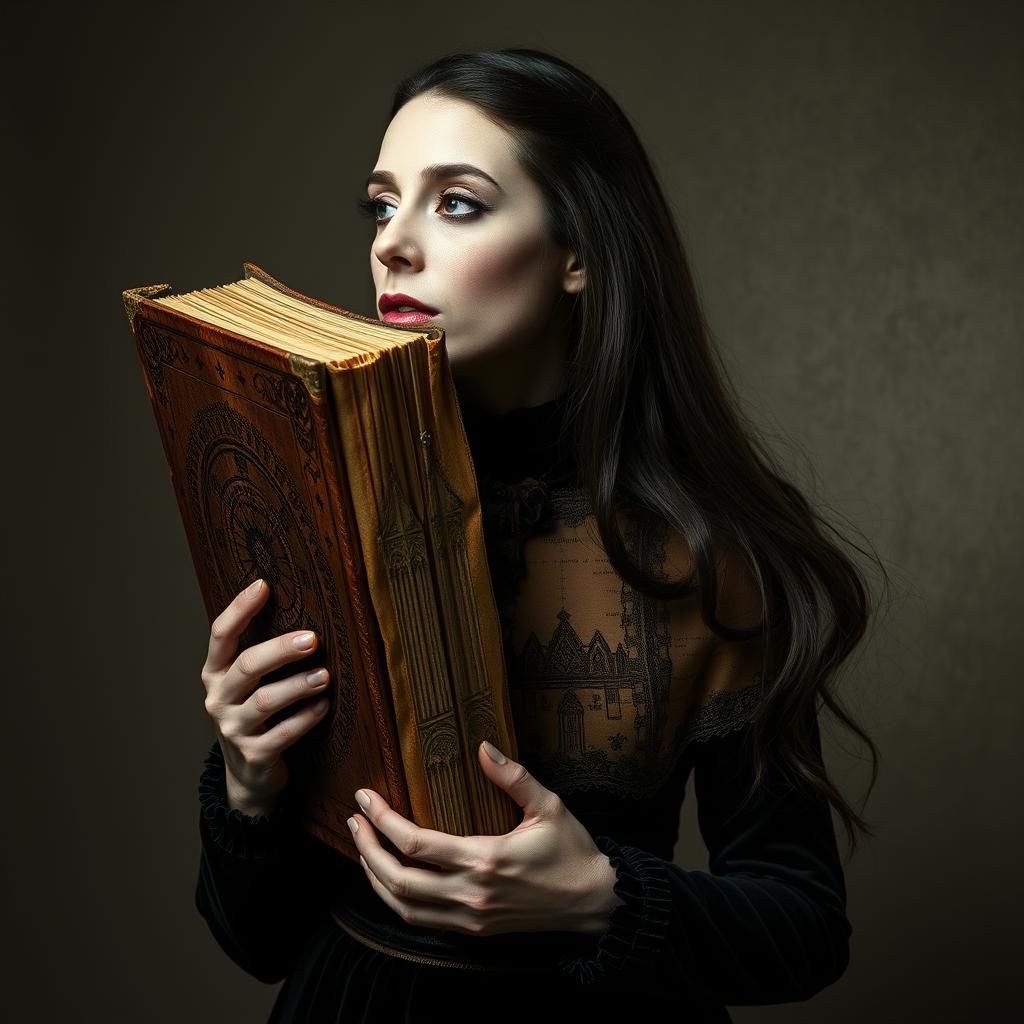 Surreal Woman Merging with Gothic Tome