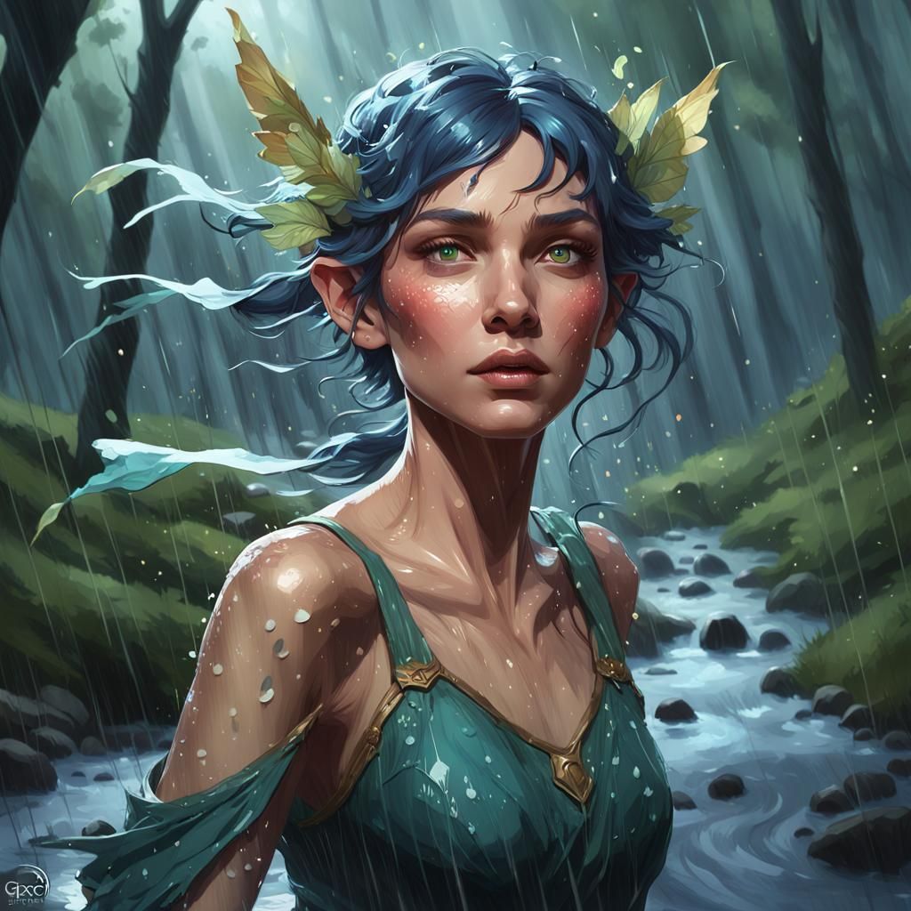 Detailed Fae Running Through Rainy Woods