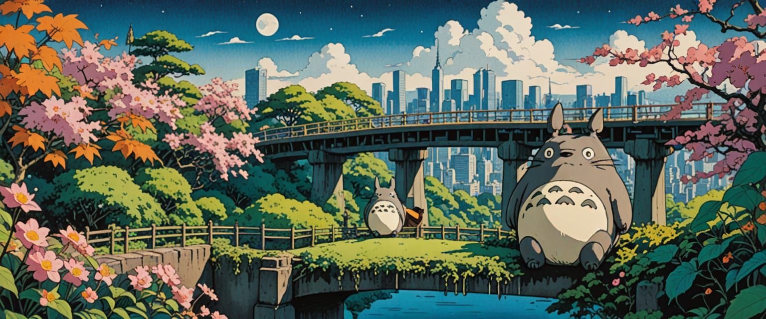 Totoro Overlooking Tokyo in Watercolor Style