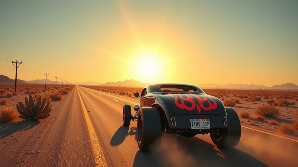 Cherry Red Hot Rod with Flames in Desert