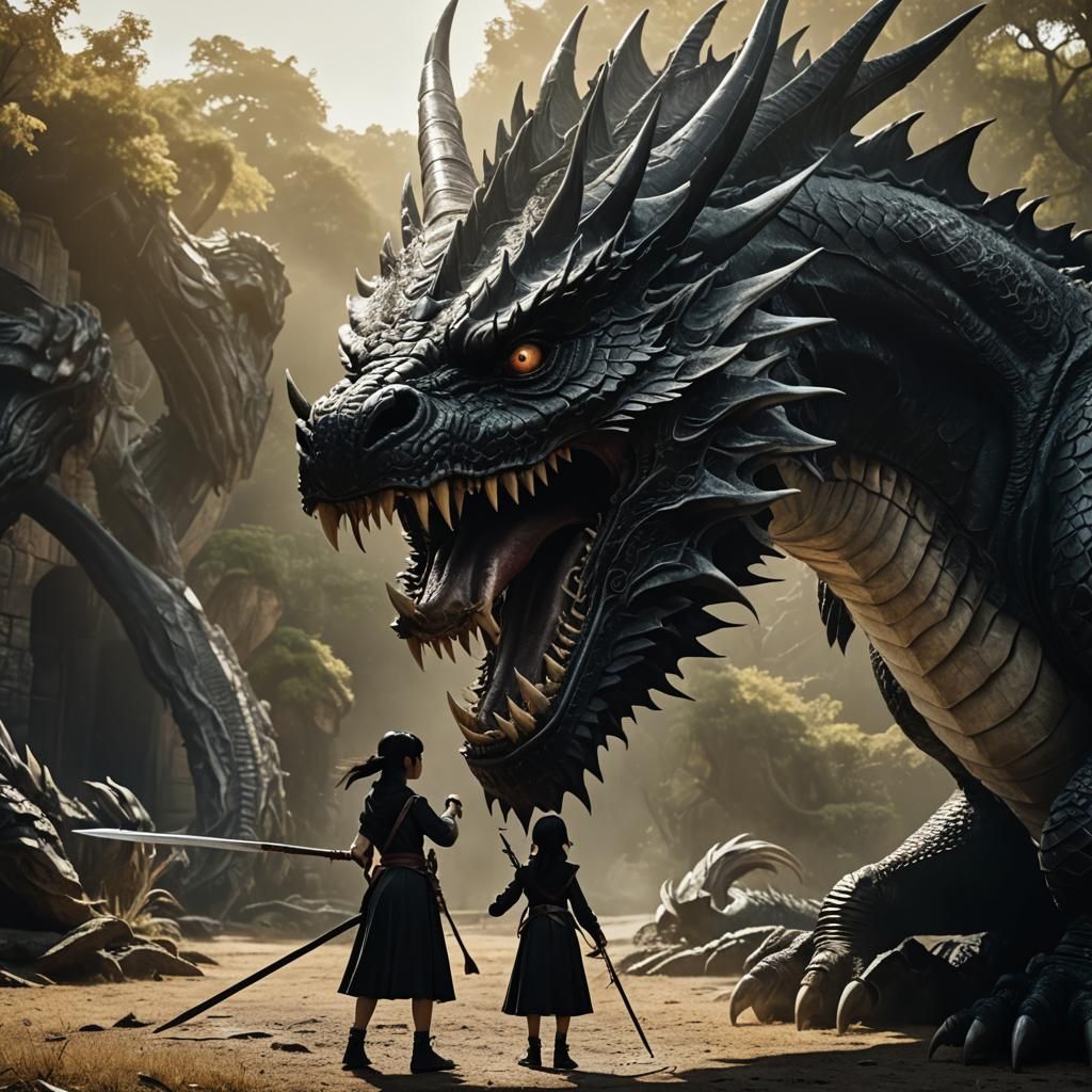 Girl Touches Dragon in Dark Fantasy Film Still
