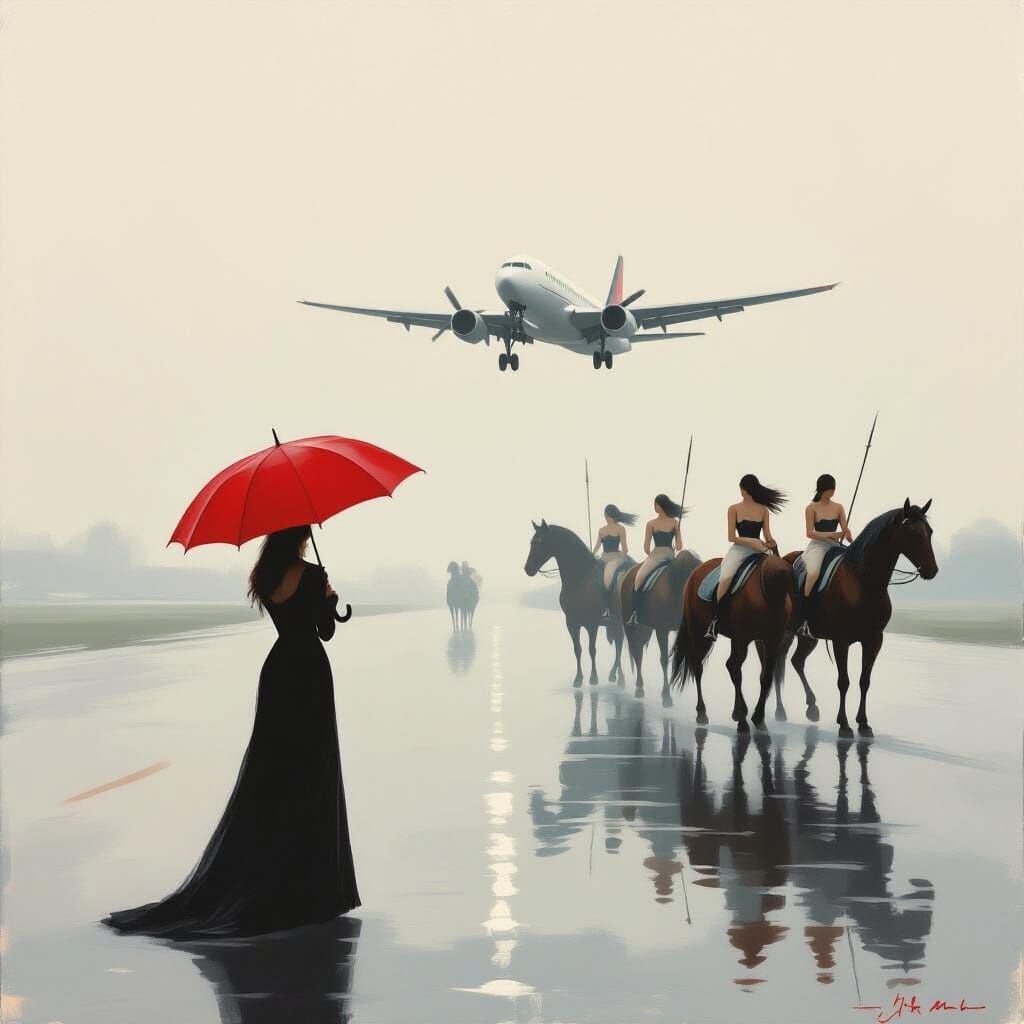 Woman with Red Umbrella at Foggy Airport with Winged Horses