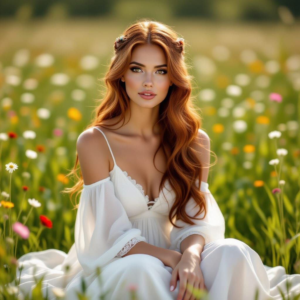 Woman with Red Hair in Flower Meadow