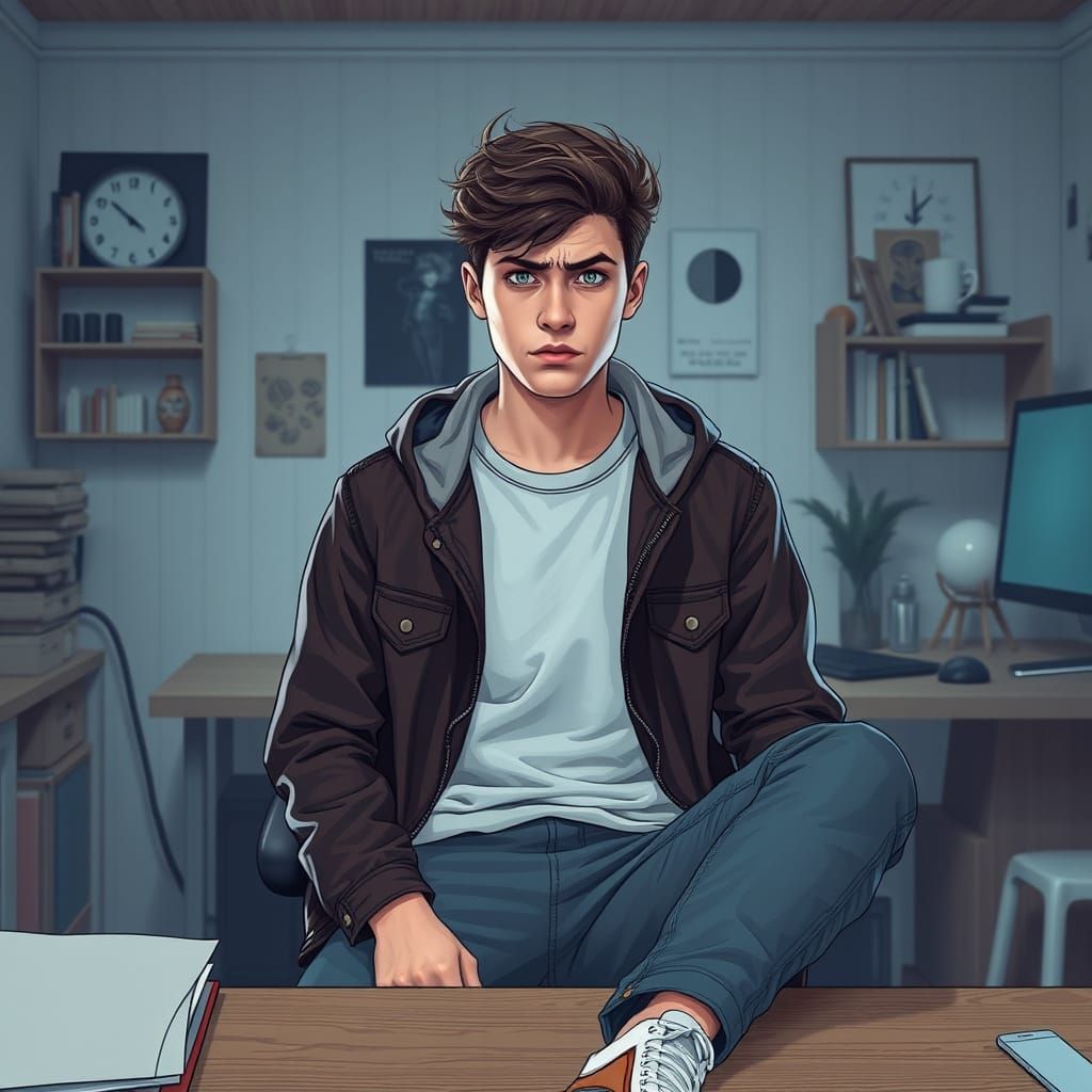 Frustrated Young Man at Computer in Minimalist Office