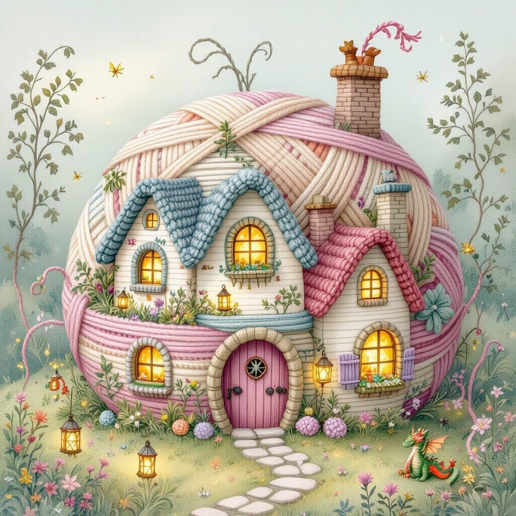 Enchanted Fairy Village Inside Yarn Ball, Watercolor Style