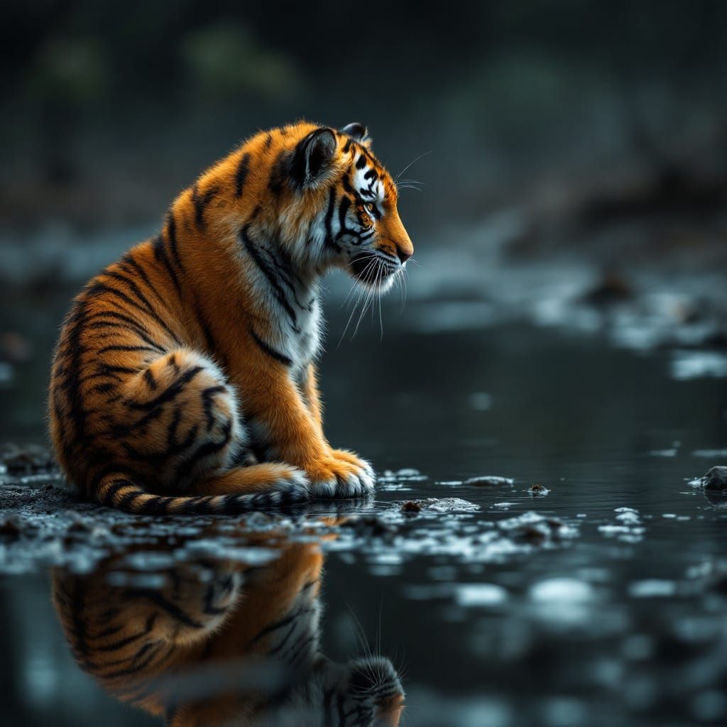 Tiger Cub Contemplates Future Self in Puddle Reflection