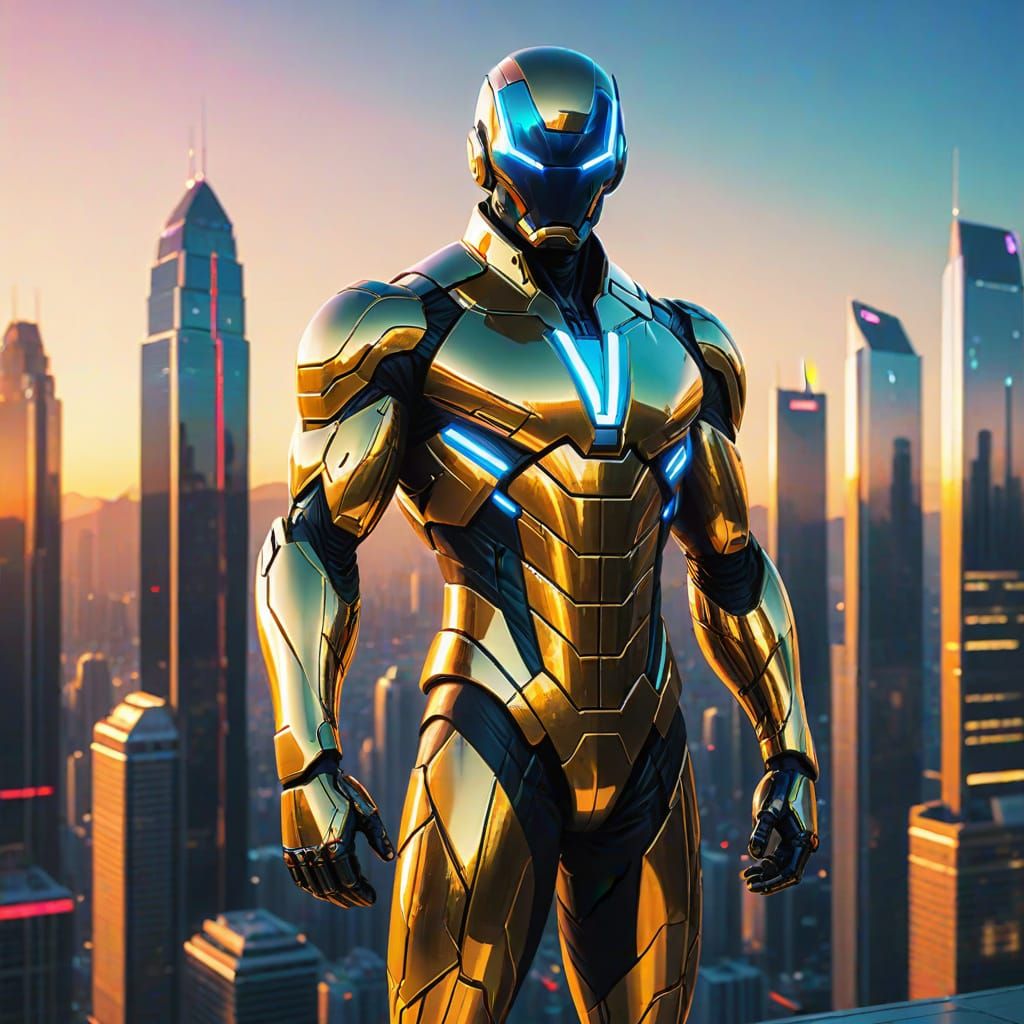 Manga Superhero Levitates Over Neon Cityscape