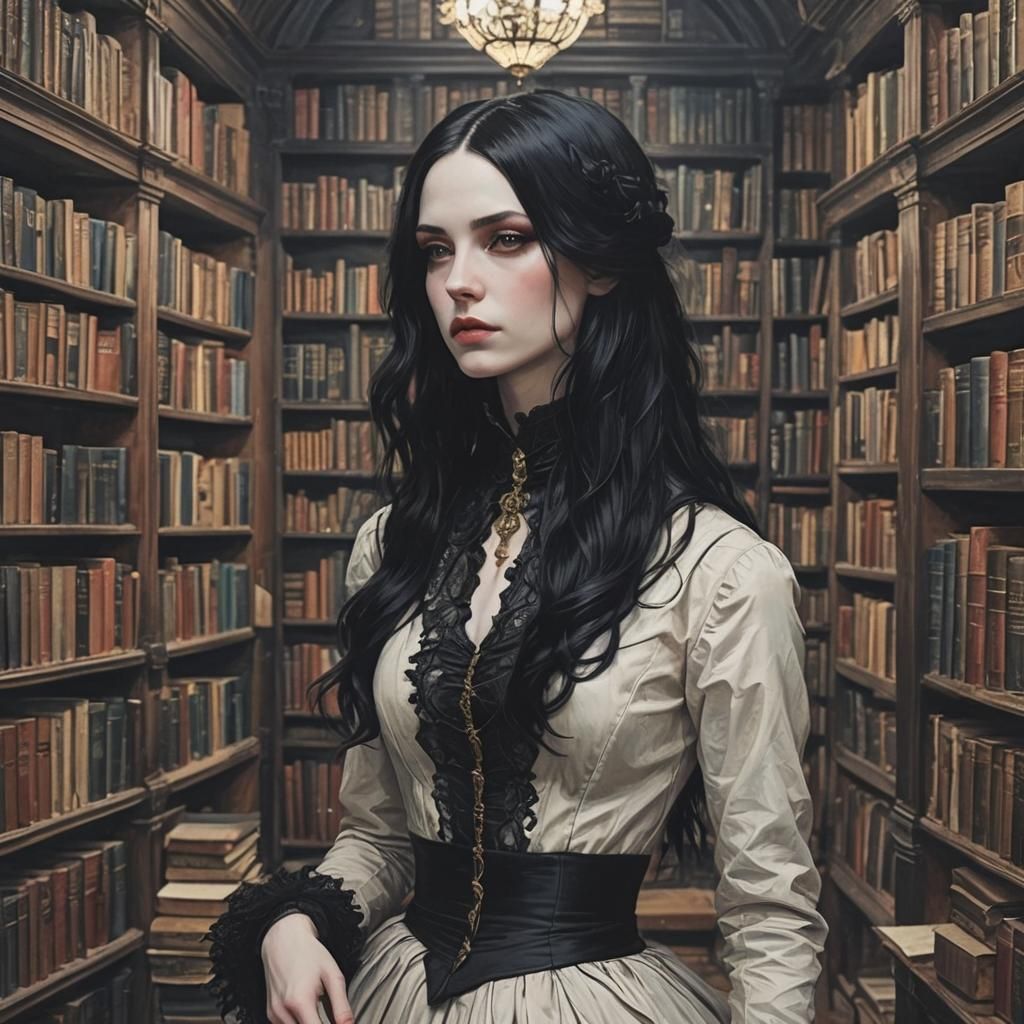 Lissome slim slender svelte tall pale skin goth black hair Victorian library