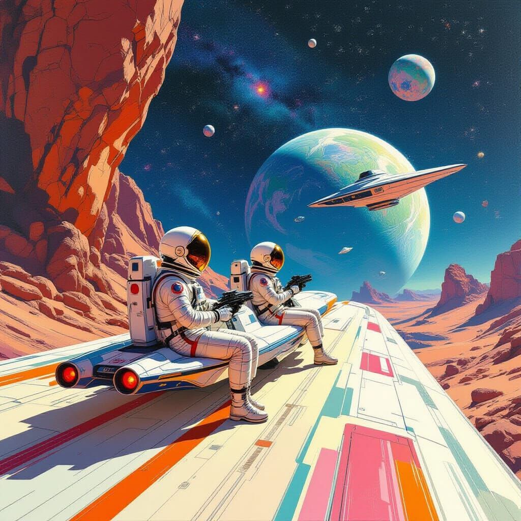 Astronauts Explore the Cosmos in Syd Mead Style