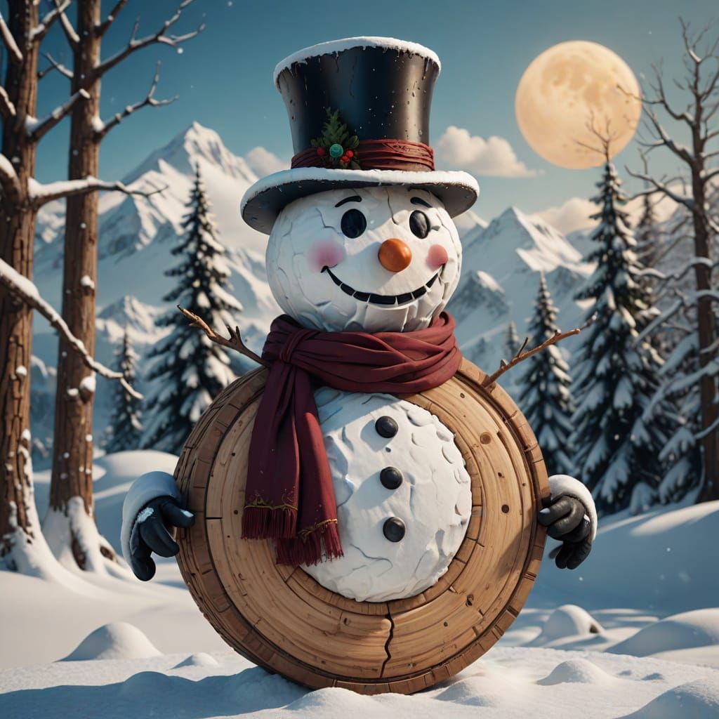 Snow man made out of 3 wood circles. With a 2 circle top hat made of wood. It has a scarf around the neck. detailed matt...