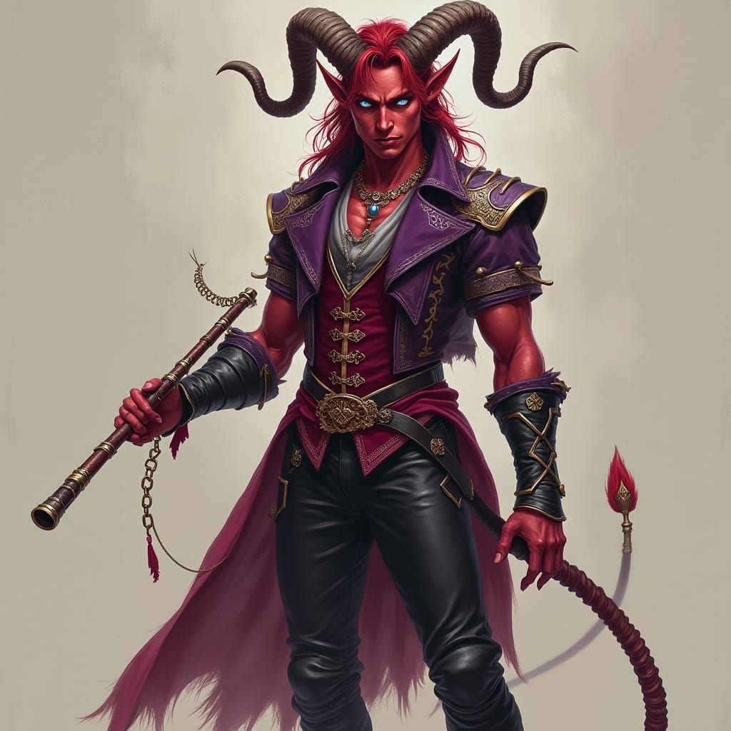 Crimson Tiefling Bard with Pan Flute in Matte Painting Style