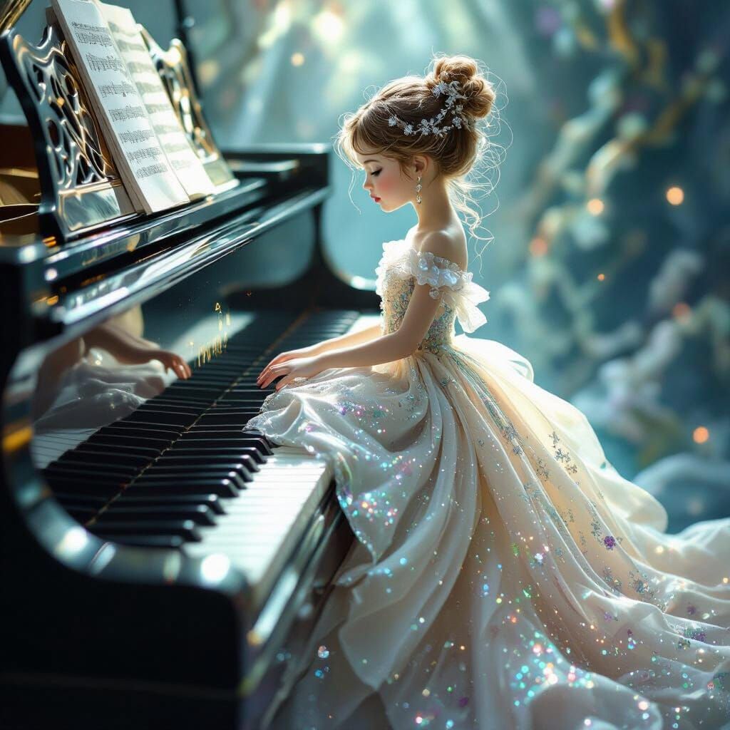Miniature Girl on Piano Keys in Fantasy Art Style