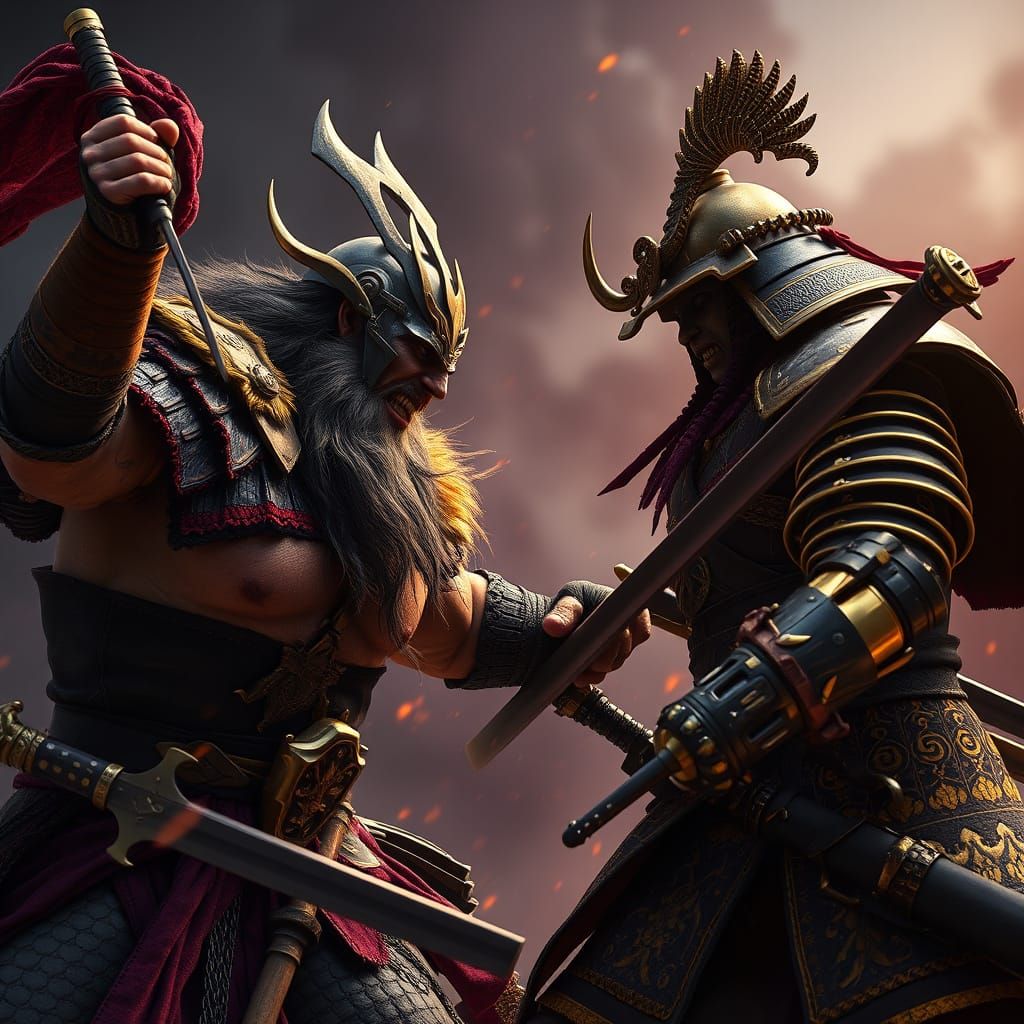 Barbarian vs Samurai in Dark Fantasy Style