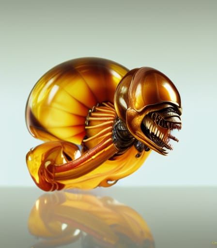 Xenomorph Fossil in Amber, Hyperrealistic Close-Up