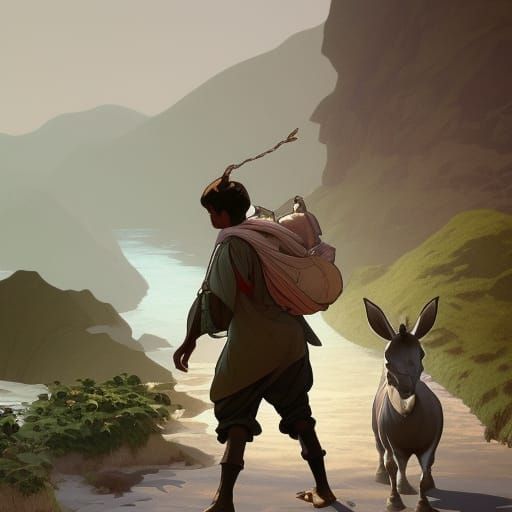 Boy and Donkey on Stone Path, Splash Art Style