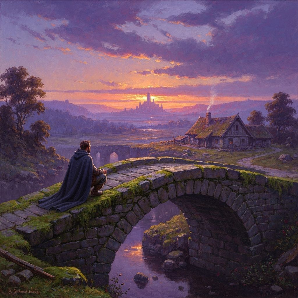Man on Bridge Gazing at Sunset Landscape