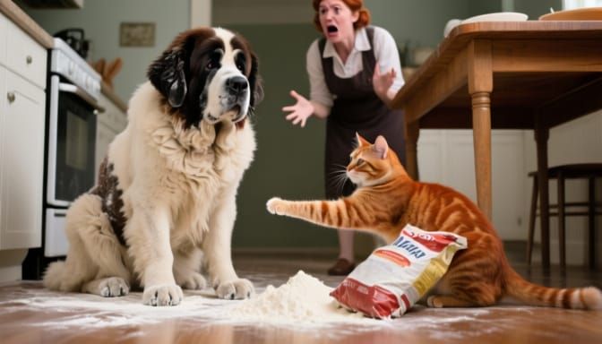 Flour-Covered Dog Accuses Cat of Kitchen Chaos