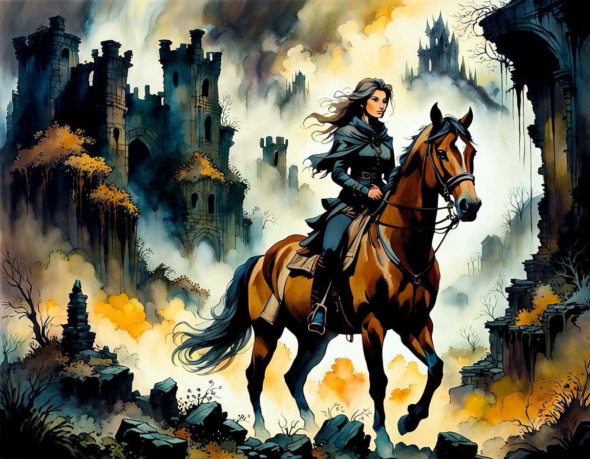 Inkpunk Horse Rider Overlooks Overgrown Ruins