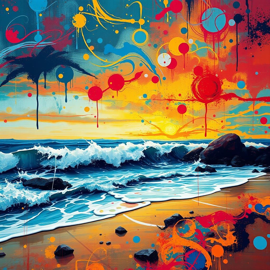 Abstract Beachscape in Pollock-Inspired Style