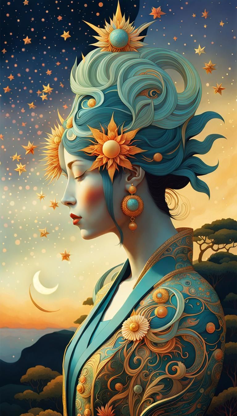 Celestial Woman in Surreal Sun and Moon Star