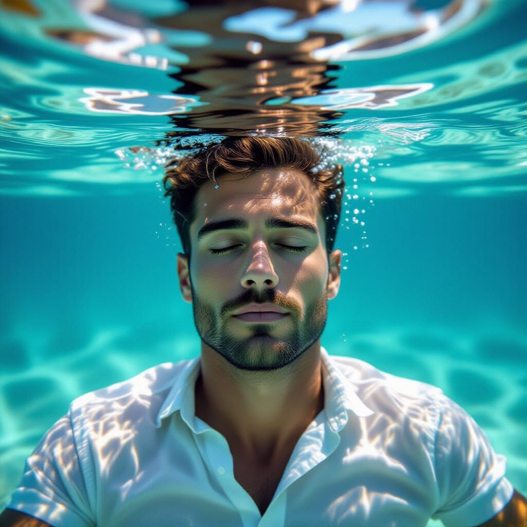 Man Submerged Underwater in Serene Meditation