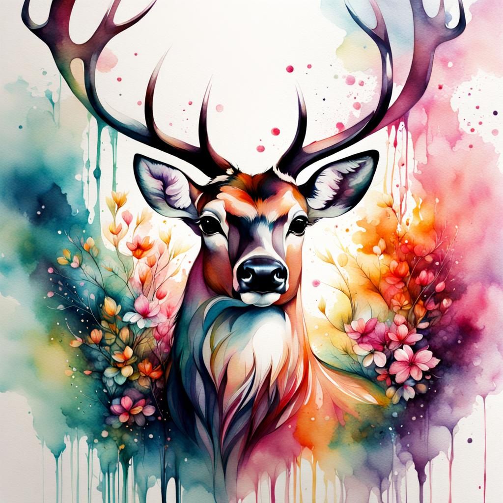 Deer in Spring with Watercolor Splashes