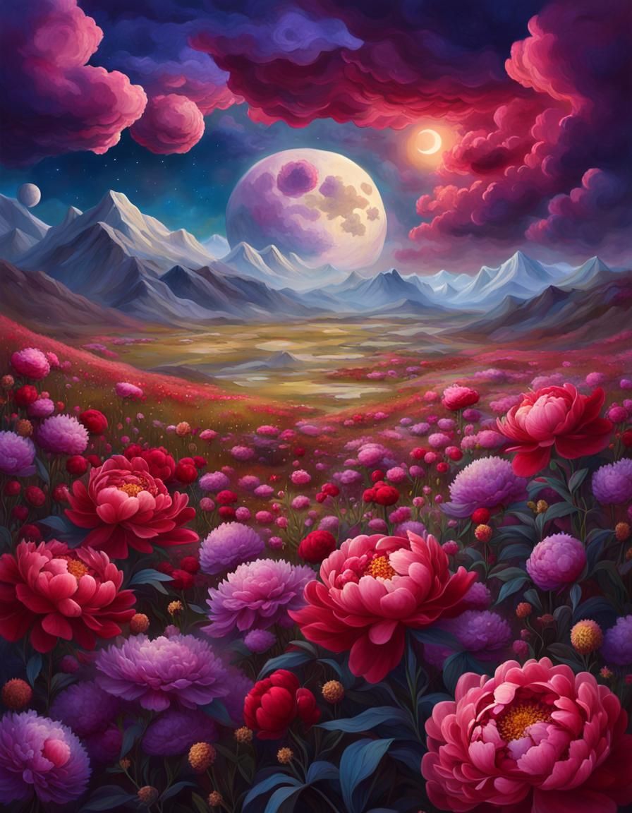 Surreal Fantasy Landscape with Blooming Flowers and Moon