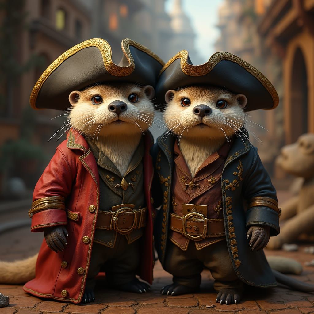 Ornate Otter Pirates in Detailed Film Set, Vibrant Animation