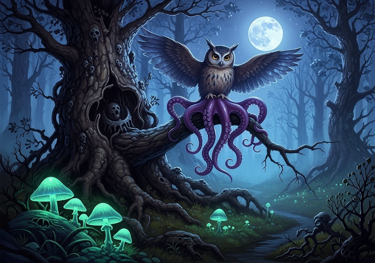 Enchanted Owl With Tentacles Under Full Moon