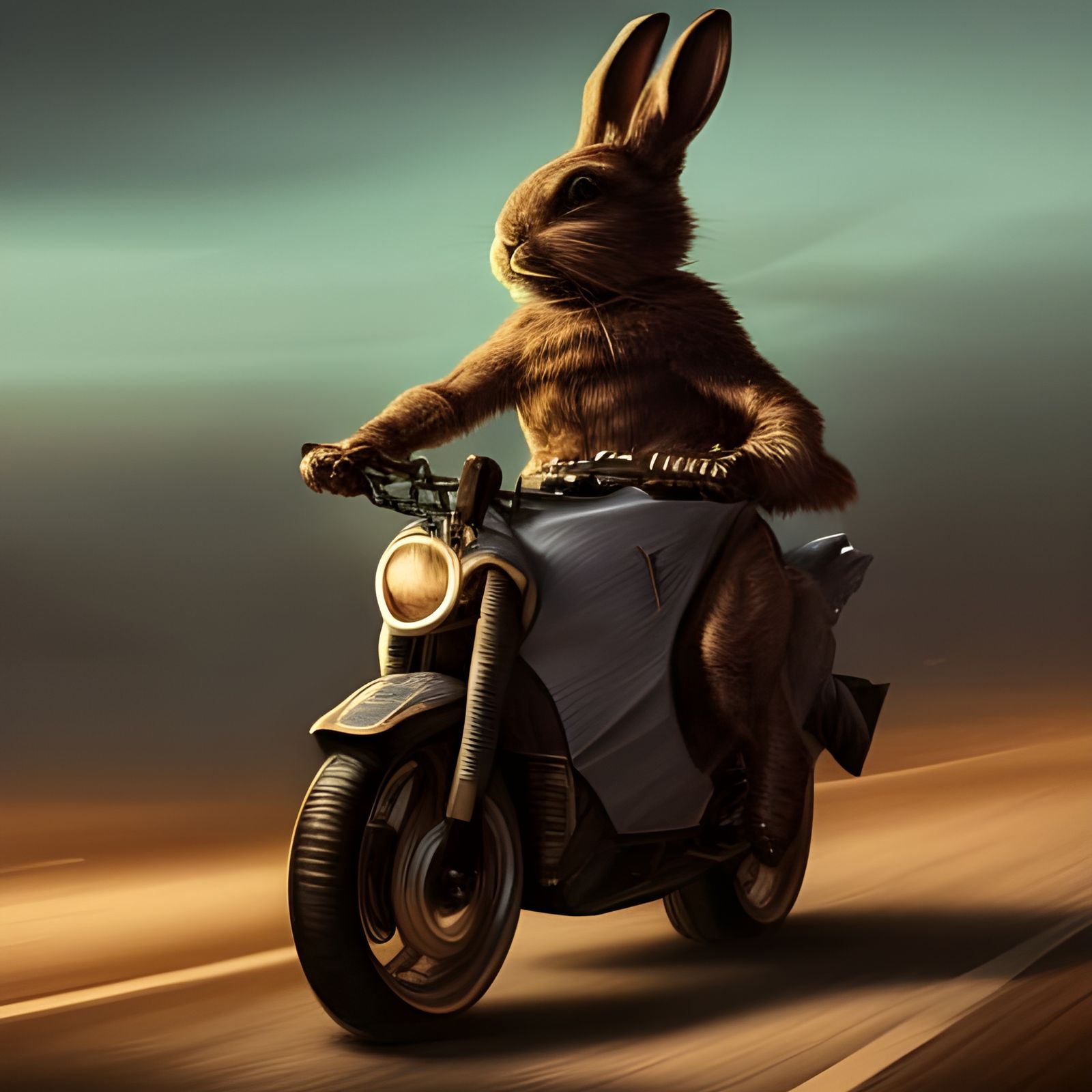 Anthropomorphic Rabbit Rides Motorcycle at Sunset