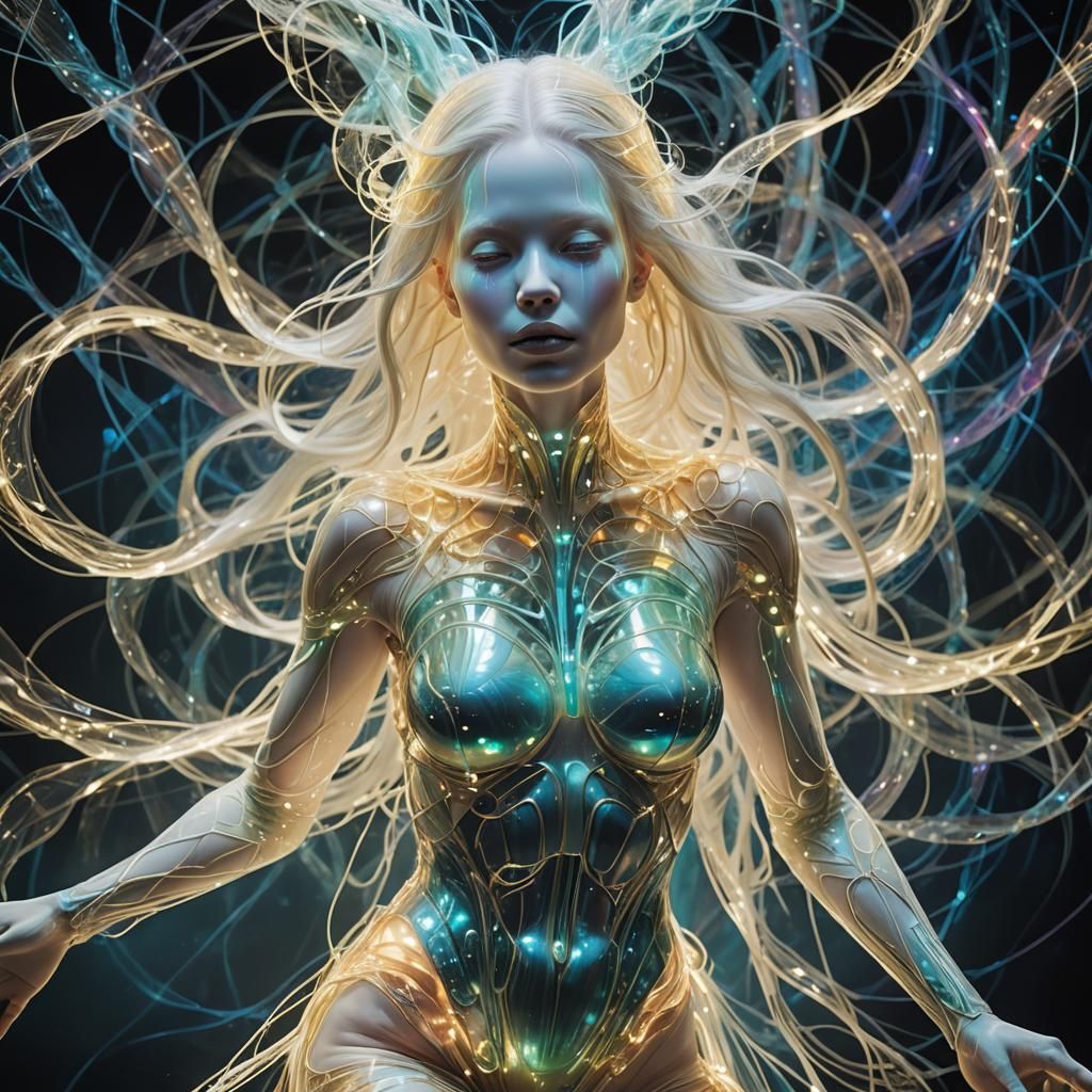 Iridescent Bioluminescent Woman in Laser Light