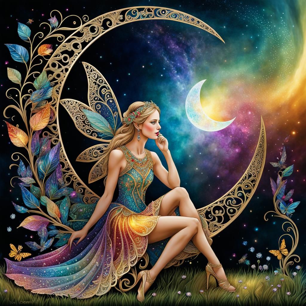Enchanting Fairy on Crescent Moon with Crystals