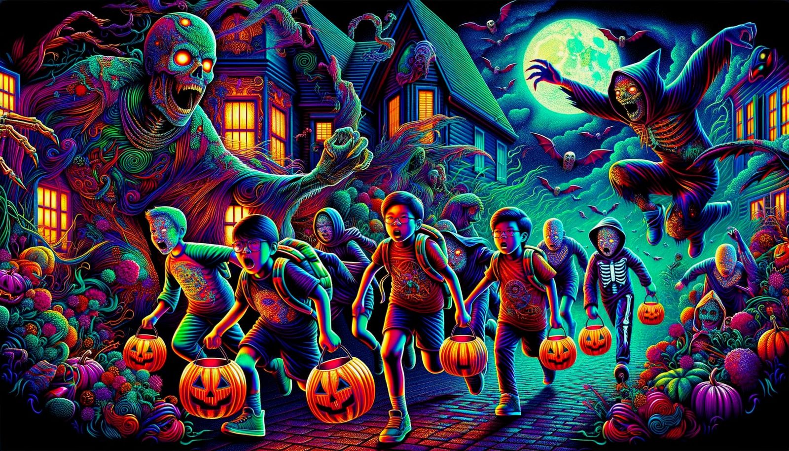 Children Fleeing Halloween Monsters in Spooky Scene
