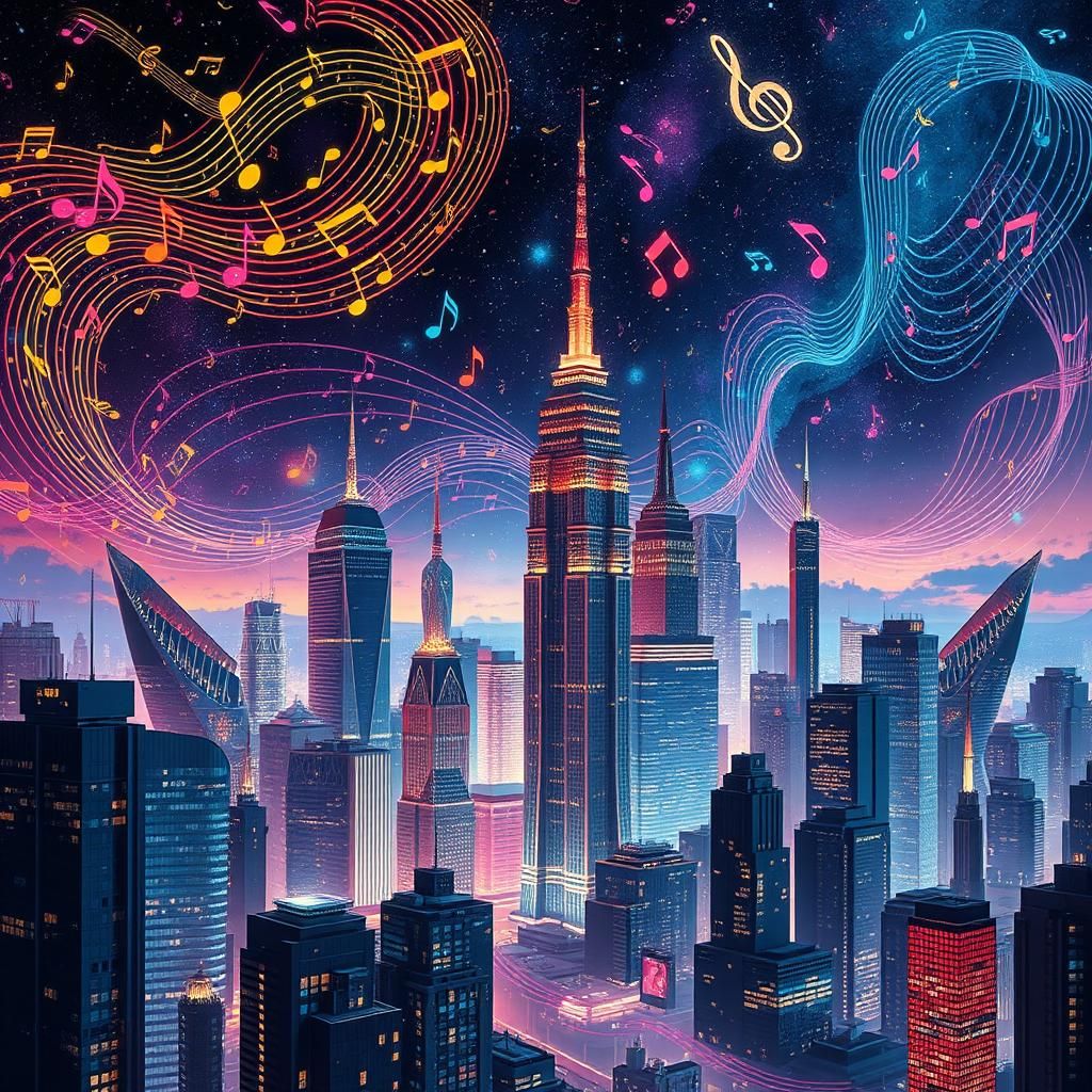 Musical Note Skyscrapers in a Vibrant Cityscape