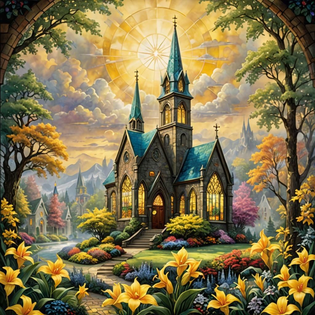 Stained Glass Church Window with Yellow Canna Flower