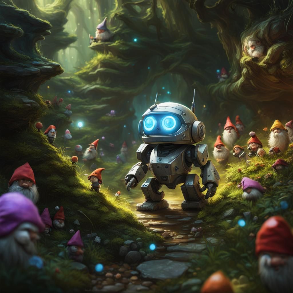 Robot Among Gnomes: Hyperdetailed Splash Art