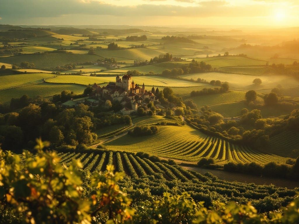 Vibrant Medieval Landscape Illuminated by Warm Golden Light