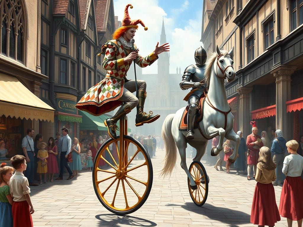 Medieval Jester Unicycle Act in Bustling Market Square